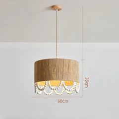 Jute Drum Pendant Light with Natural Wood Beads Accent