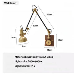 Adjustable Brass Wall Sconce with Walnut Base and Black Arm