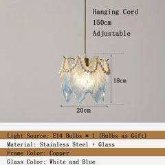 Chandelier with measurements and product details on a gray background
