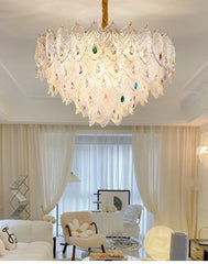 Feather Glass Tiered Chandelier with Multi-Colored Gem Accents