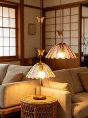 Gold Butterfly Glass Pendant Light with Multi-Color Scalloped Shade