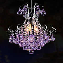 A cascading crystal chandelier with purple crystals and a polished chrome frame against a black background.