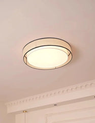 Beige Fabric Drum Flush Mount Light Black Trim Frosted Diffuser