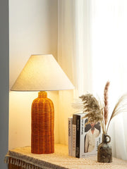Handwoven Rattan Drum Table Lamp with Fabric Shade