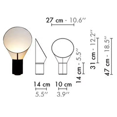 Measurement chart of a light bulb with dimensions labeled in centimeters and inches.