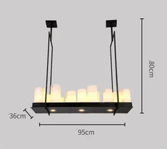 Modern pendant light with dimensions on a gray background