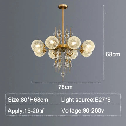 Chandelier with dimensions and specifications on a gray background
