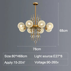 Chandelier with dimensions and specifications on a gray background