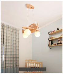 Wooden Airplane Pendant Light with Milk White Glass Shades