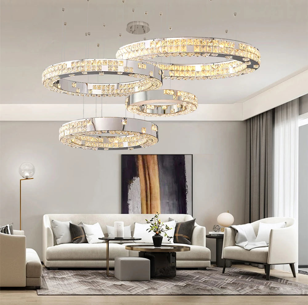 Modern living room with circular chandelier and white sofa