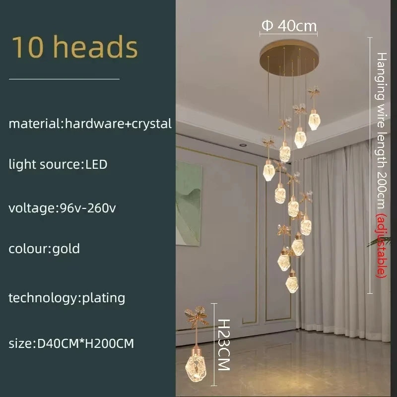 Chandelier with 10 heads in a room setting, showing dimensions and specifications.