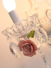 White Ceramic Rose Crystal Sconce Light with Leaf Accents