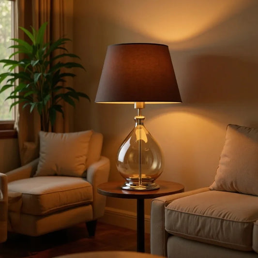 Amber glass table lamp with dark fabric shade on a small side table between two armchairs, with a plant visible through a window.