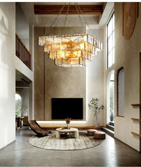 Tiered Amber Glass Chandelier with Brushed Gold Finish Metal Frame