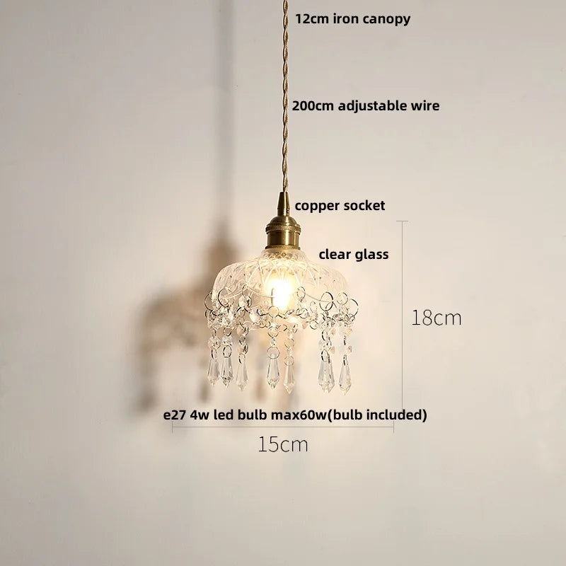 Chandelier-style pendant light with measurements on a plain background