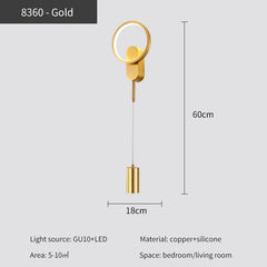 Gold pendant light with dimensions and specifications on a white background