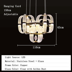 Chandelier with dimensions and specifications on a black background