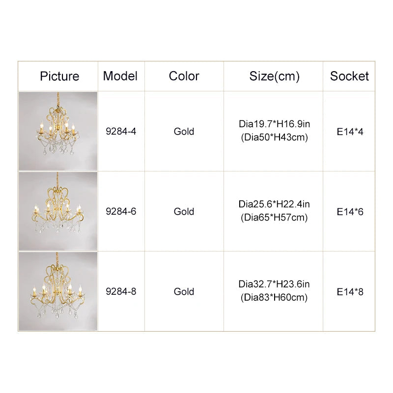 Table with gold chandelier models, colors, sizes, and socket details on a white background.