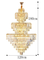 Gold chandelier with measurements on a white background