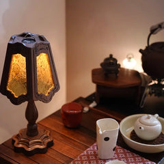 Black Walnut Wood Lamp with Amber Frosted Glass Shade