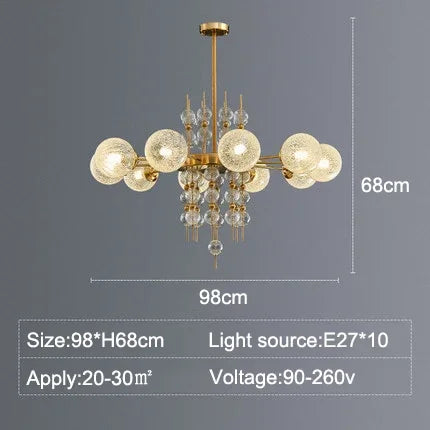 Chandelier with dimensions and specifications on a gray background