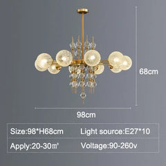 Chandelier with dimensions and specifications on a gray background