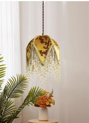 Yellow Floral Beaded Tassel Pendant Light with Scalloped Shade