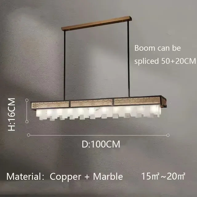 Modern pendant light with dimensions and material details on a gray background