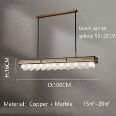 Modern pendant light with dimensions and material details on a gray background