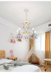 White Metal Chandelier with Rose Buds and Purple Crystal Drops