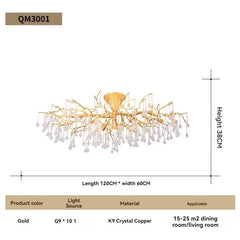 Gold Branch Crystal Waterfall Semi-Flush Mount Chandelier