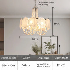 Gold Glass Beaded Chandelier with Pearl Strings Pendant Light