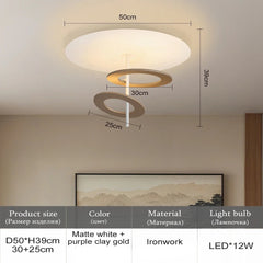 Ceiling light fixture with dimensions and product details on a neutral wall background