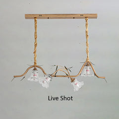 Gold Floral Branch Pendant Light Frosted Bell Shades & Leaf Accents
