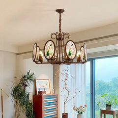 Bronze Chandelier with Frosted Glass and Green Leaf Floral Accents