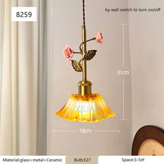 Gold Ceramic Flower Pendant Light with Glass Shade