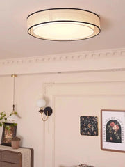Beige Fabric Drum Flush Mount Light Black Trim Frosted Diffuser