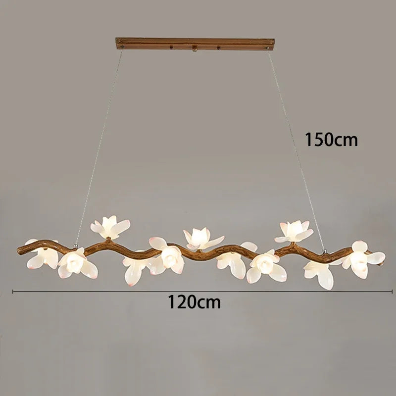Chandelier with floral design and measurement details on a gray background