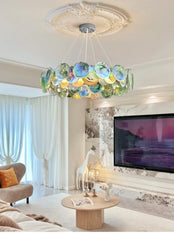 Iridescent Glass Disc Cascade Chandelier with Chrome Frame