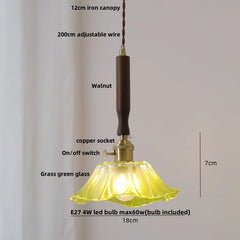 Pendant light with labeled parts and dimensions on a plain background