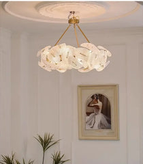 Woven Gold Pendant Light with Clear Petal Accents