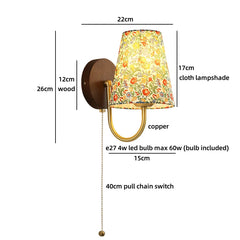 Wall-mounted lamp with floral lampshade and dimensions labeled
