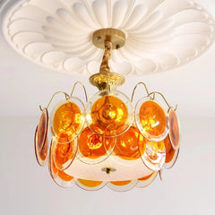 Gold Metal Frame Amethyst Glass Disc Semi-Flush Mount Chandelier