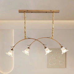 A different angle of the gold floral pendant light with glass shades, highlighting its curved design.