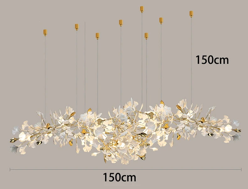 Chandelier with floral design on a gray background, showing dimensions.