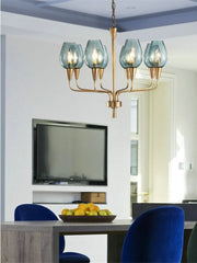 Gold Metal Frame Blue Glass Tear Drop Pendant Chandelier Light Fixture