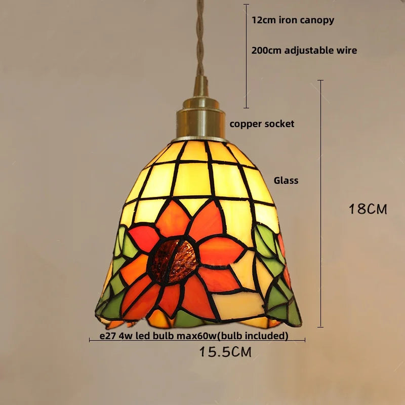 Stained glass pendant light with measurements on a beige background