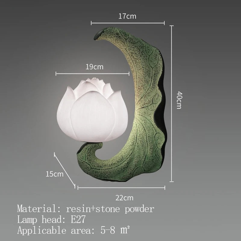 Decorative wall light with dimensions and material details on a gray background