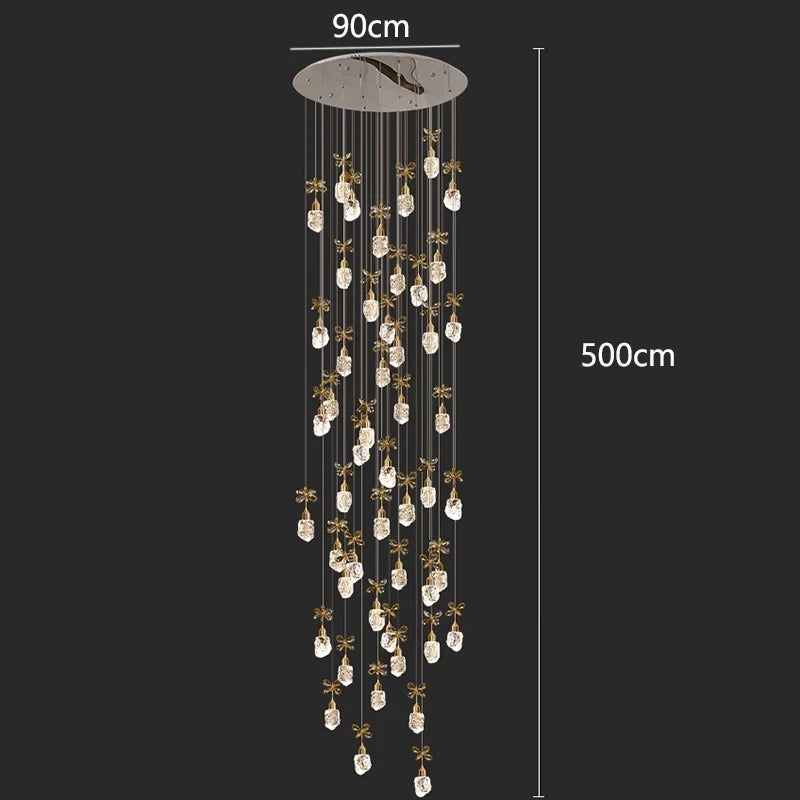 Chandelier with dimensions indicated on a dark background