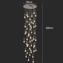 Chandelier with dimensions indicated on a dark background